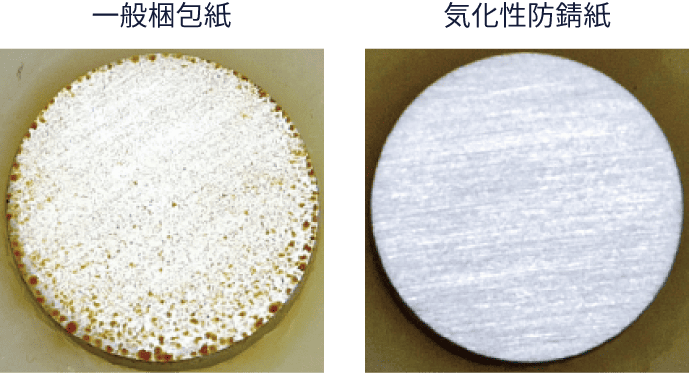 一般梱包紙と気化性防錆紙の比較画像